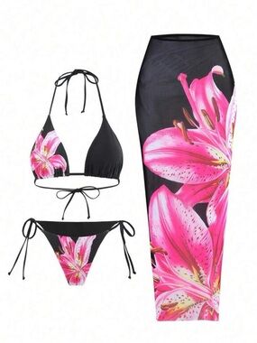 Black & Pink Floral Triangle Bikini Set with Matching Sarong